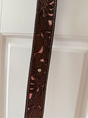 Ariat Brown Leather Tooled Belt with Pink Inlay